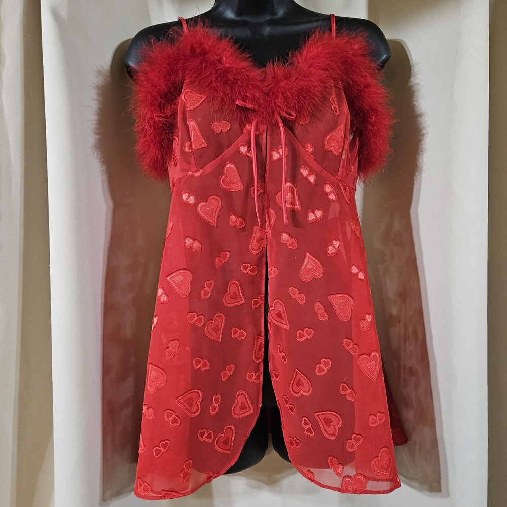 Vintage Inner Most Babydoll Lingerie Embroidered Hearts Faux Feather Size Medium